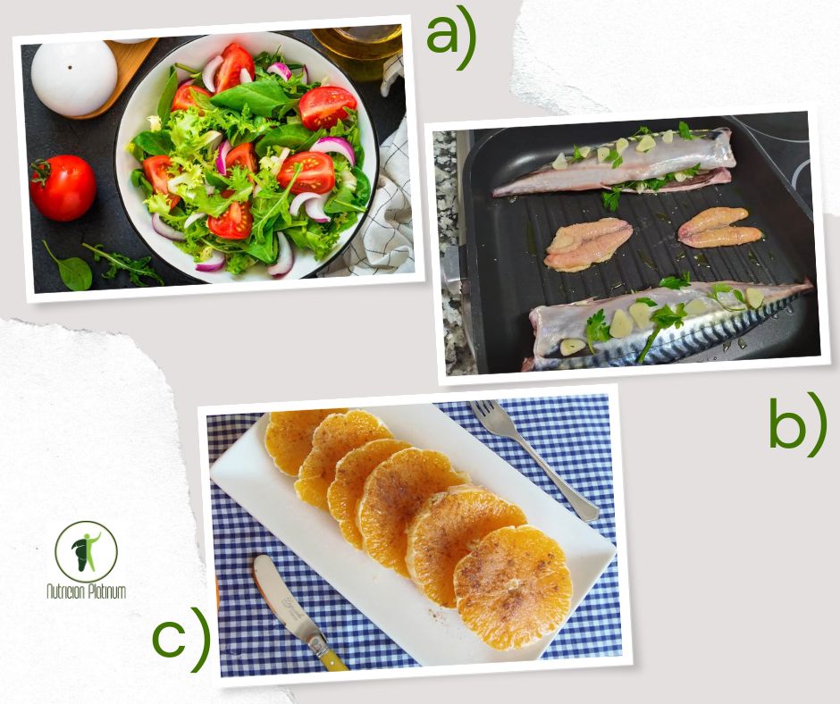 Ensalada de lechuga y espinacas con caballa a la plancha y naranja con canela